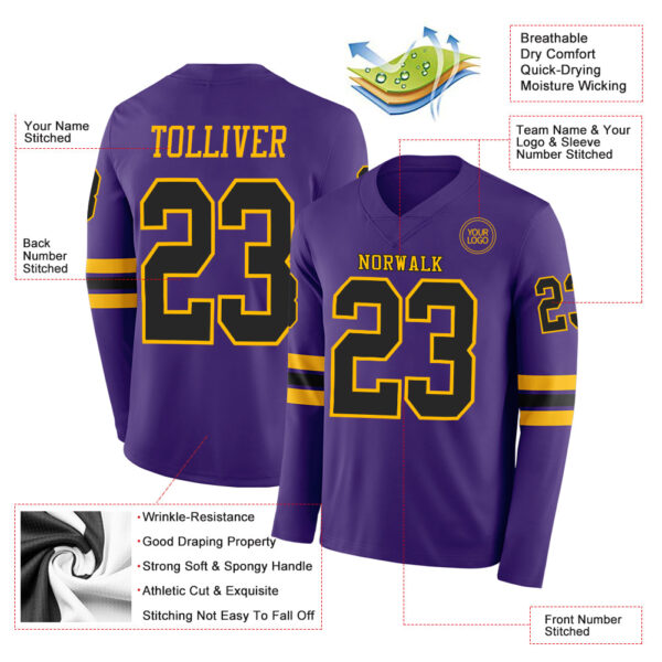 Custom Purple Black-Gold Long Sleeve Authentic Football Jersey