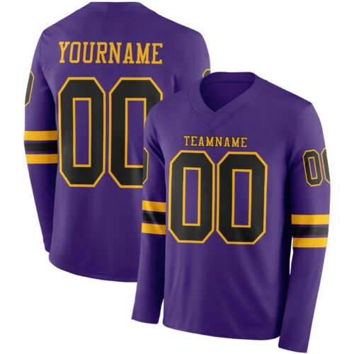 Custom Purple Black-Gold Long Sleeve Authentic Football Jersey