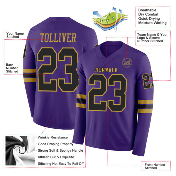 Custom Purple Black-Old Gold Long Sleeve Authentic Football Jersey