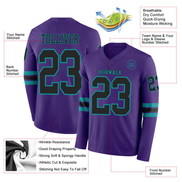 Custom Purple Black-Teal Long Sleeve Authentic Football Jersey