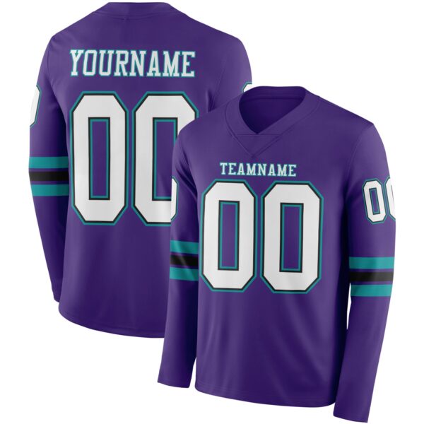 Custom Purple White Black-Teal Long Sleeve Authentic Football Jersey