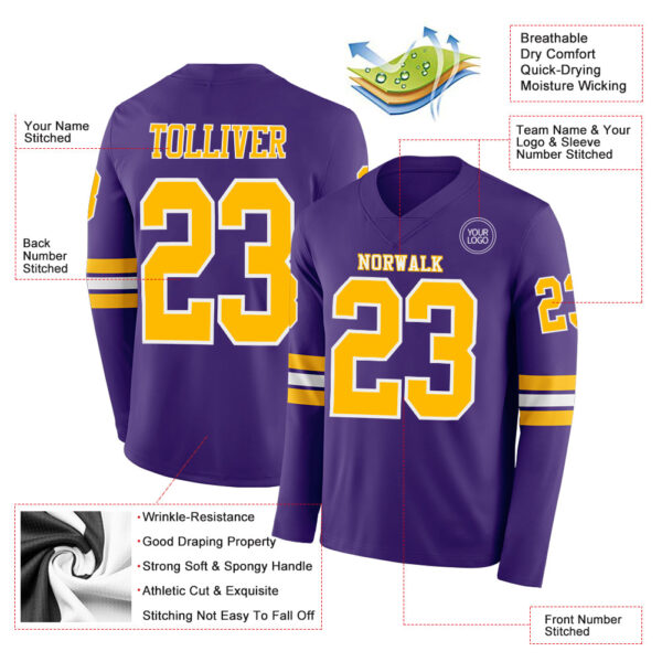 Custom Purple Gold-White Long Sleeve Authentic Football Jersey