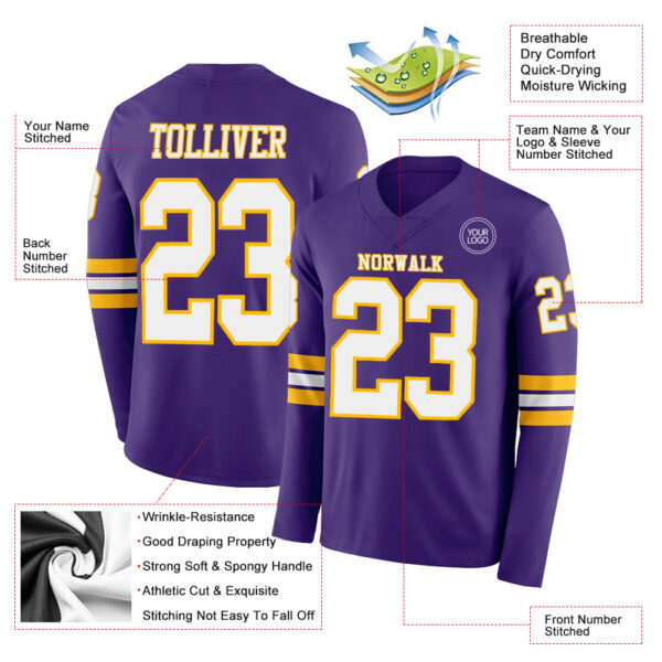 Custom Purple White-Gold Long Sleeve Authentic Football Jersey