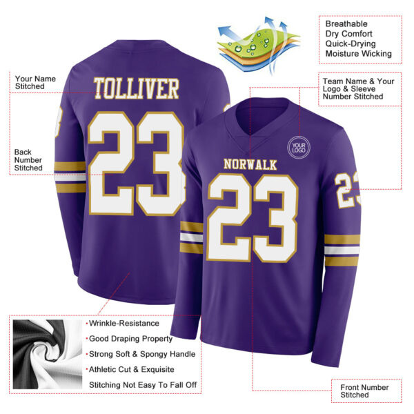 Custom Purple White-Old Gold Long Sleeve Authentic Football Jersey