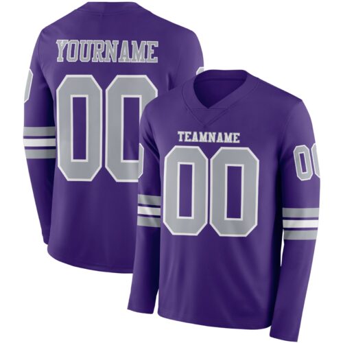 Custom Purple Gray-White Long Sleeve Authentic Football Jersey