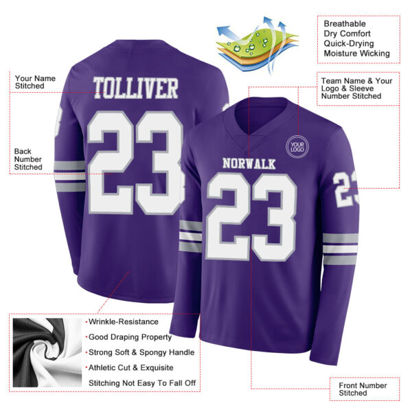 Custom Purple White-Gray Long Sleeve Authentic Football Jersey