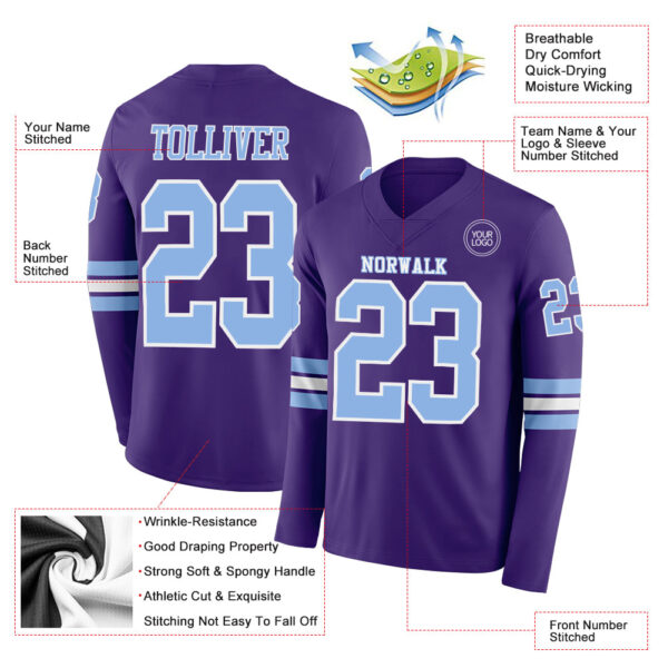 Custom Purple Light Blue-White Long Sleeve Authentic Football Jersey
