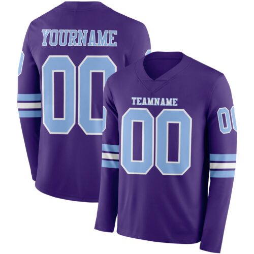 Custom Purple Light Blue-White Long Sleeve Authentic Football Jersey