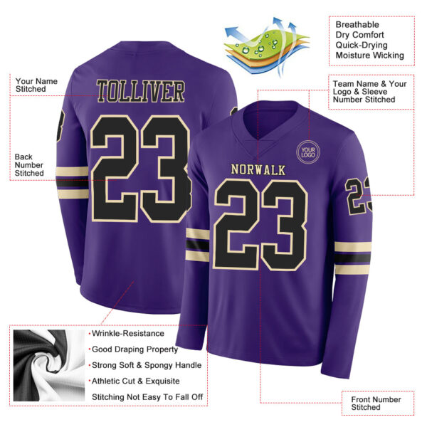 Custom Purple Black-Cream Long Sleeve Authentic Football Jersey