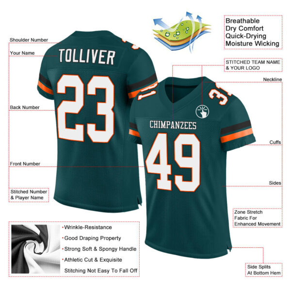 MidnightGreen0015-1 Custom Midnight Green White-Orange Mesh Authentic Football Jersey