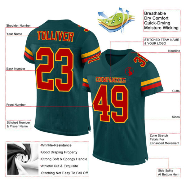 MidnightGreen0017-1 Custom Midnight Green Red-Gold Mesh Authentic Football Jersey