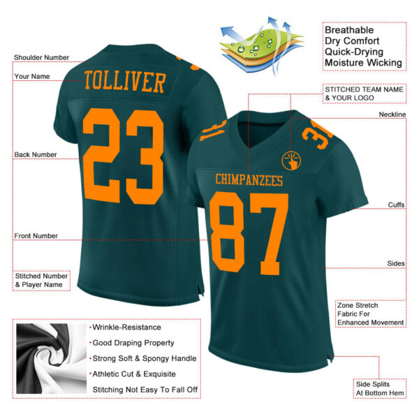 MidnightGreen0021-1 Custom Midnight Green Bay Orange Mesh Authentic Football Jersey