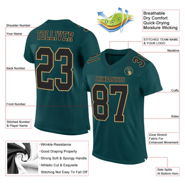 MidnightGreen0025-1 Custom Midnight Green Black-Old Gold Mesh Authentic Football Jersey
