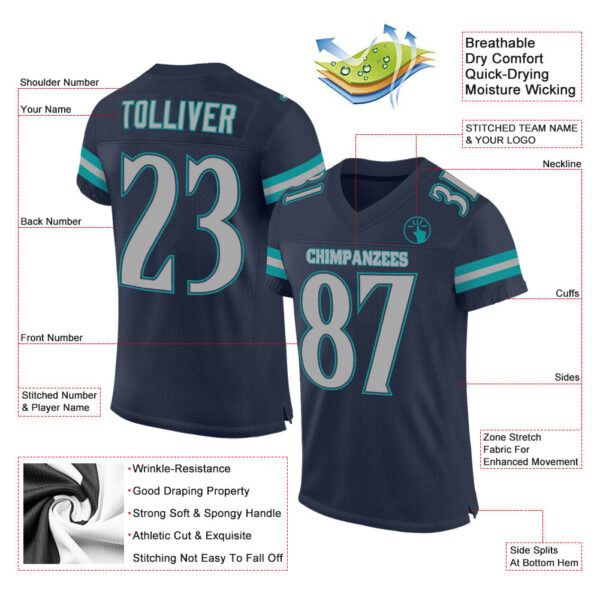Navy0286-1 Custom Navy Gray-Aqua Mesh Authentic Football Jersey
