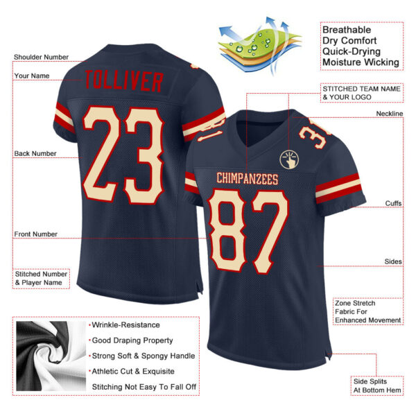 Navy0288-1 Custom Navy Cream-Red Mesh Authentic Football Jersey