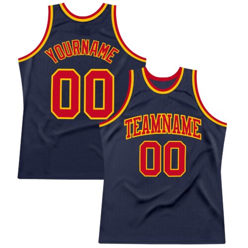 Navy0425 Custom Navy Red-Gold Authentic Throwback Basketball Jersey