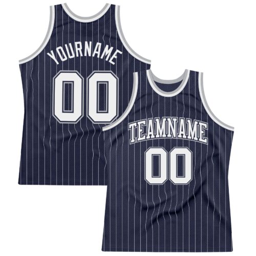 Custom Navy White Pinstripe White-Gray Authentic Basketball Jersey