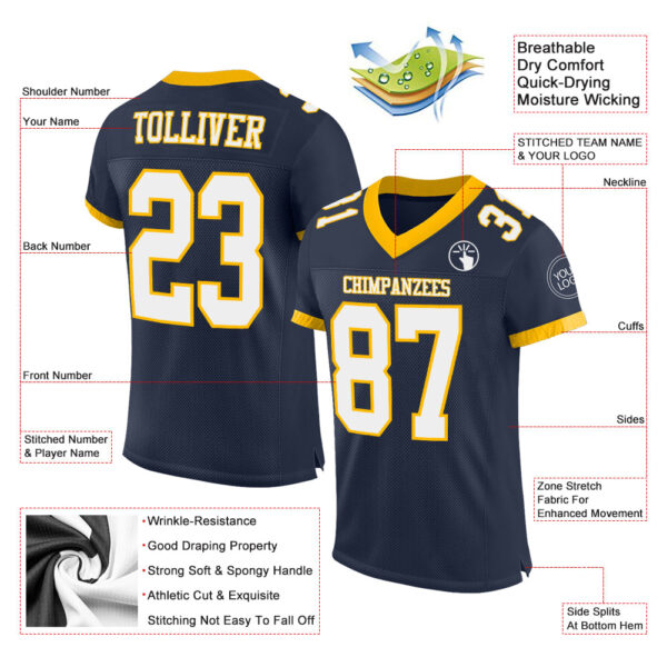 Navy0639-1 Custom Navy White-Gold Mesh Authentic Football Jersey
