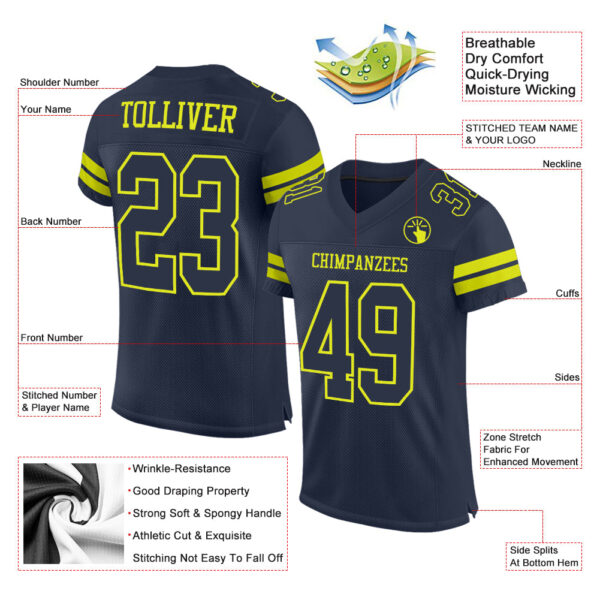 Navy0651-1 Custom Navy Neon Yellow Mesh Authentic Football Jersey
