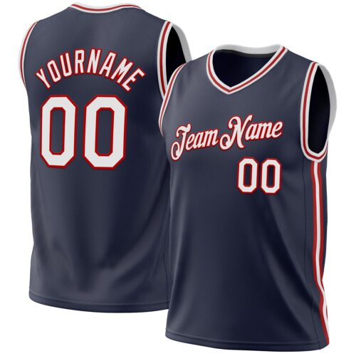 Navy0740 Custom Navy White-Red Authentic Throwback Basketball Jersey