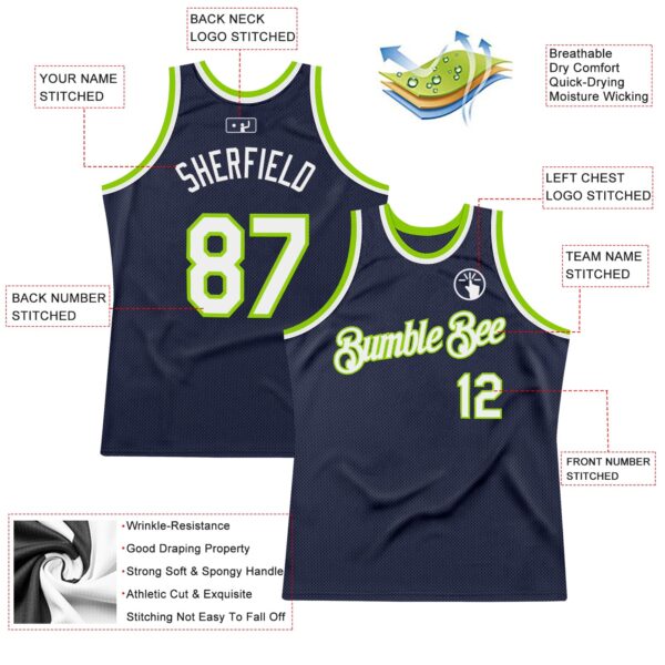 Custom Navy White-Neon Green Authentic Throwback Basketball Jersey