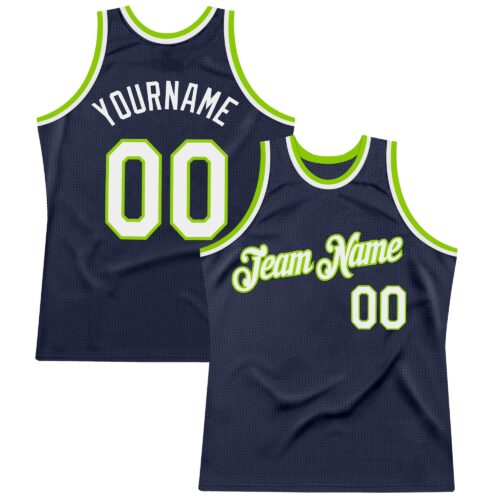 Custom Navy White-Neon Green Authentic Throwback Basketball Jersey