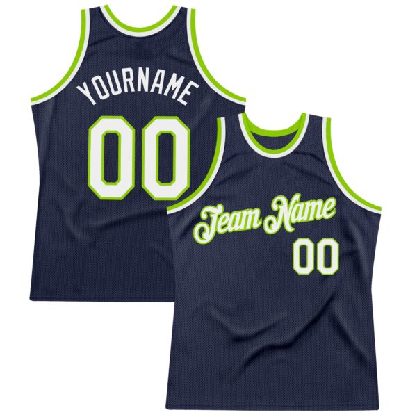 Custom Navy White-Neon Green Authentic Throwback Basketball Jersey