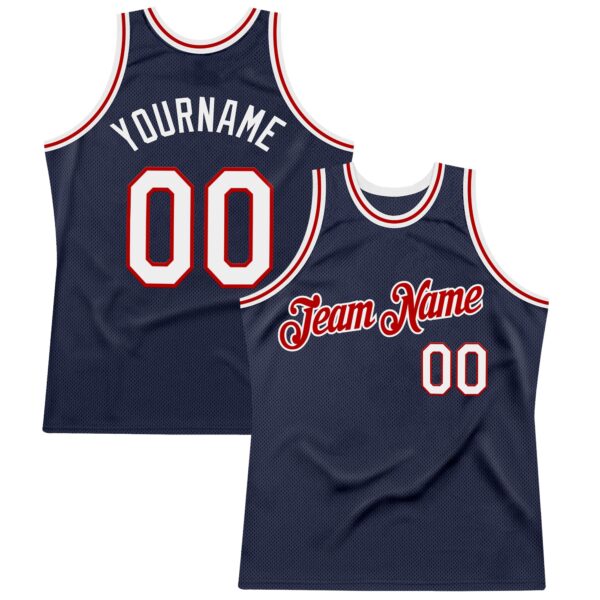 Custom Navy White-Red Authentic Throwback Basketball Jersey