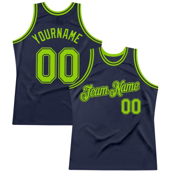 Custom Navy Neon Green Authentic Throwback Basketball Jersey