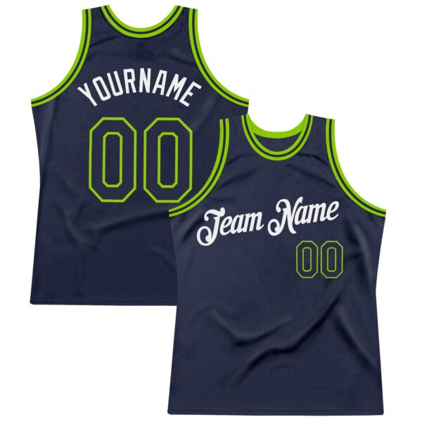 Custom Navy Neon Green-White Authentic Throwback Basketball Jersey