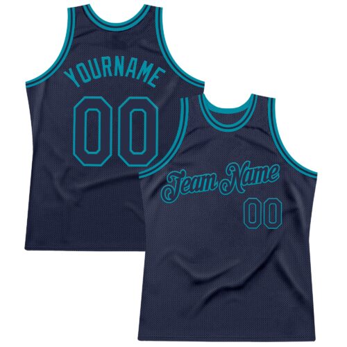 Custom Navy Teal Authentic Throwback Basketball Jersey