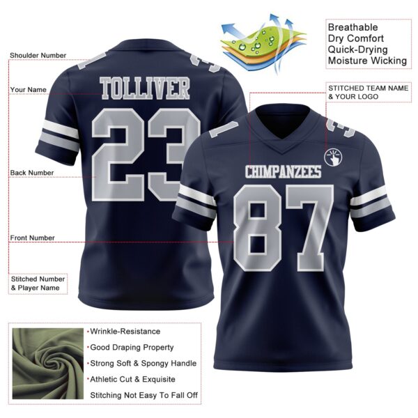 Custom Navy Gray-White Authentic Football Jersey