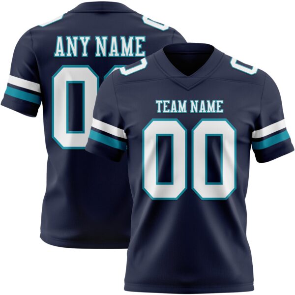 Custom Navy White-Teal Authentic Football Jersey