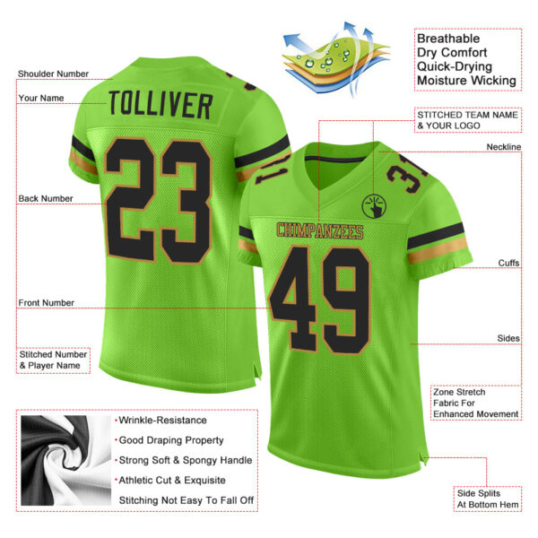 NeonGreen0034-1 Custom Neon Green Black-Old Gold Mesh Authentic Football Jersey