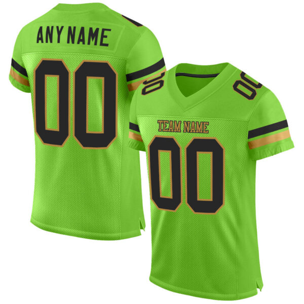 NeonGreen0034 Custom Neon Green Black-Old Gold Mesh Authentic Football Jersey