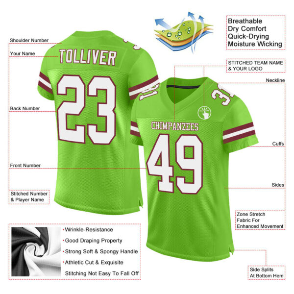 NeonGreen0040-1 Custom Neon Green White-Burgundy Mesh Authentic Football Jersey