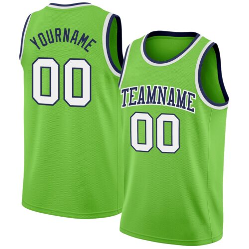 NeonGreen0067 Custom Neon Green White-Navy Authentic Basketball Jersey