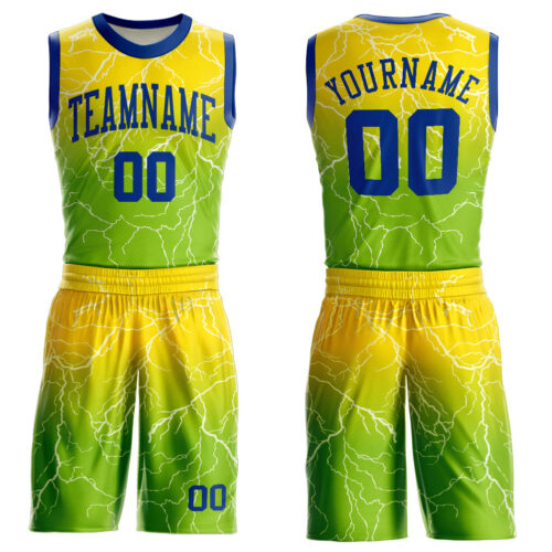 NeonGreen0076 Custom Neon Green Royal-Gold Round Neck Sublimation Basketball Suit Jersey