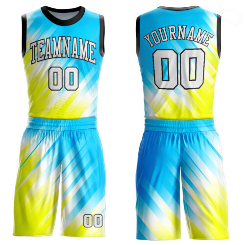 NeonGreen0077 Custom Neon Green White-Light Blue Round Neck Sublimation Basketball Suit Jersey