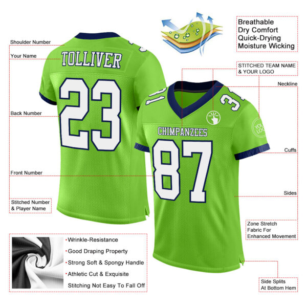NeonGreen0144-1 Custom Neon Green White-Navy Mesh Authentic Football Jersey