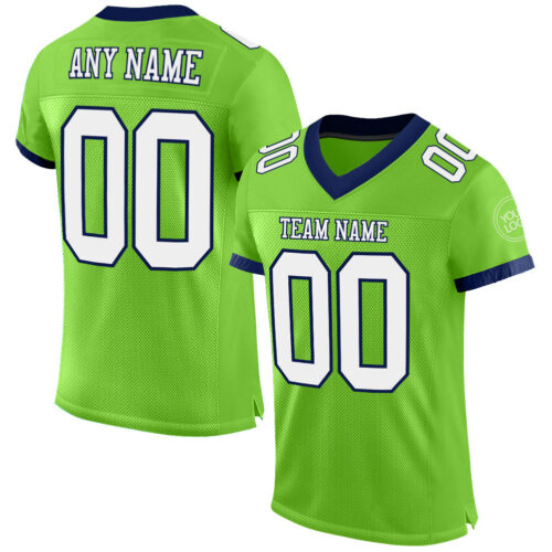 NeonGreen0144 Custom Neon Green White-Navy Mesh Authentic Football Jersey