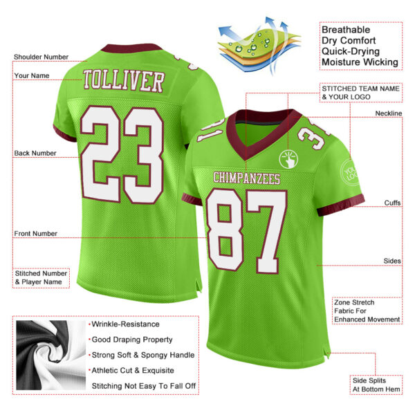 NeonGreen0146-1 Custom Neon Green White-Burgundy Mesh Authentic Football Jersey