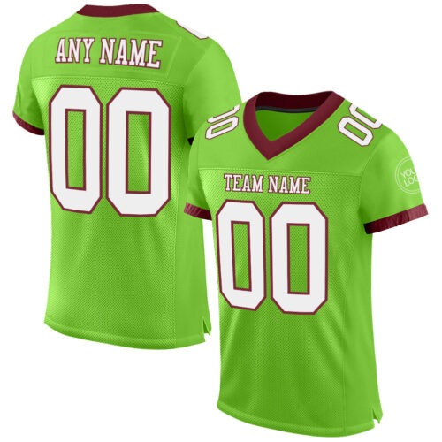 NeonGreen0146 Custom Neon Green White-Burgundy Mesh Authentic Football Jersey