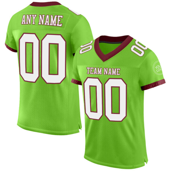 NeonGreen0146 Custom Neon Green White-Burgundy Mesh Authentic Football Jersey