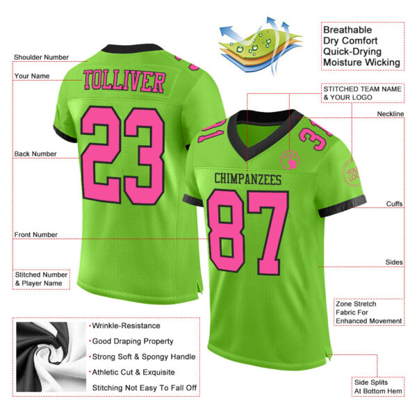 NeonGreen0147-1 Custom Neon Green Pink-Black Mesh Authentic Football Jersey