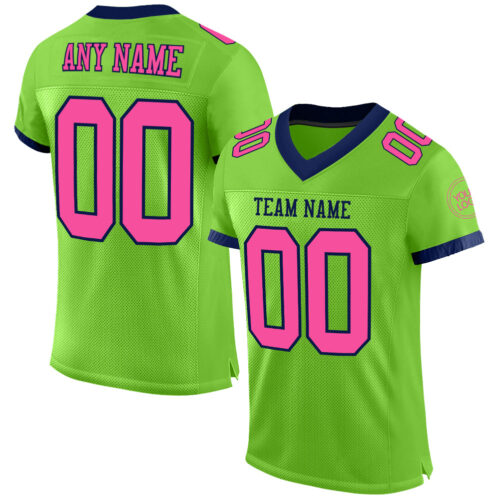 NeonGreen0148 Custom Neon Green Pink-Navy Mesh Authentic Football Jersey