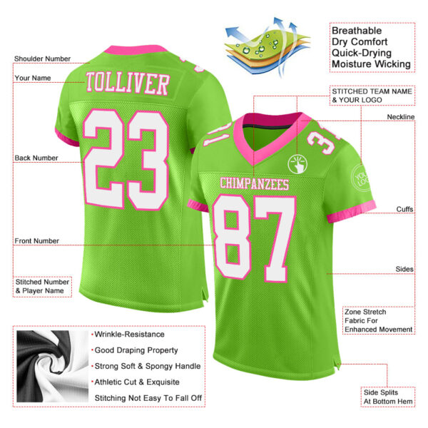 NeonGreen0149-1 Custom Neon Green White-Pink Mesh Authentic Football Jersey