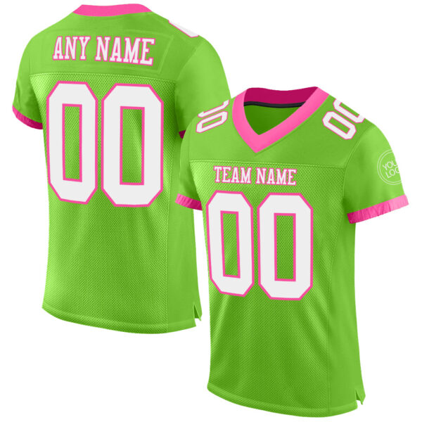 NeonGreen0149 Custom Neon Green White-Pink Mesh Authentic Football Jersey