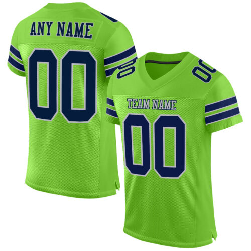 NeonGreen0158 Custom Neon Green Navy-Gray Mesh Authentic Football Jersey