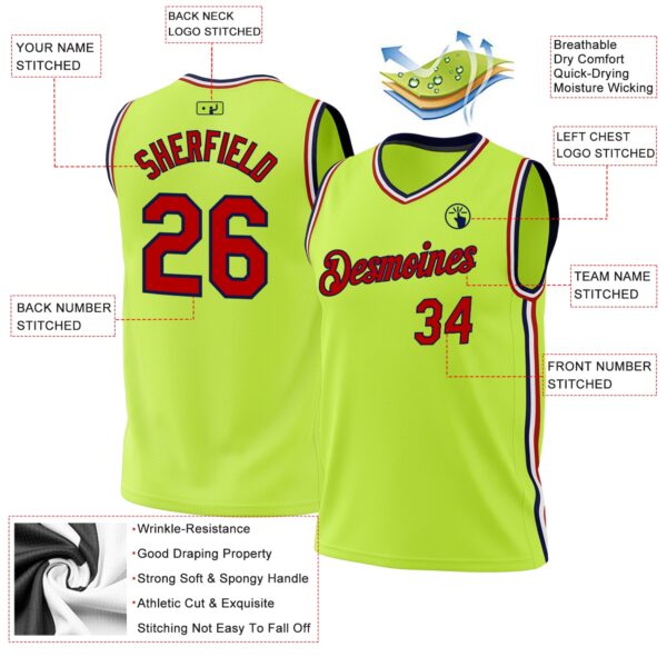 Custom Neon Green Red-Navy Authentic Throwback Basketball Jersey